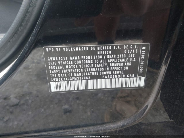 Продаж на аукціоні авто 2015 Volkswagen Jetta 2.0l S, vin: 3VW2K7AJ3FM327062, номер лоту: 45537367