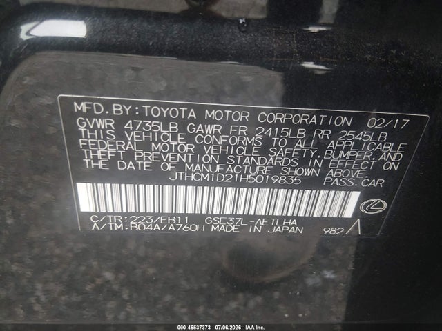 Aukcja sprzedaży 2017 Lexus Is 300, vin: JTHCM1D21H5019835, numer aukcji: 45537373