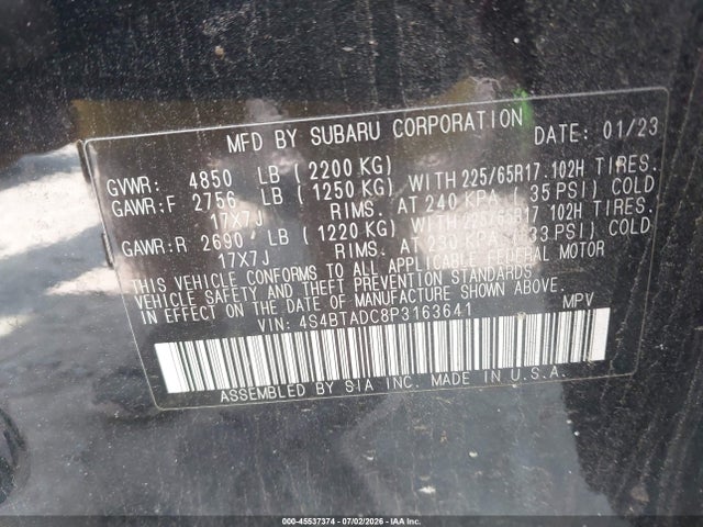2023 Subaru Outback Premium მანქანა იყიდება აუქციონზე, vin: 4S4BTADC8P3163641, აუქციონის ნომერი: 45537374