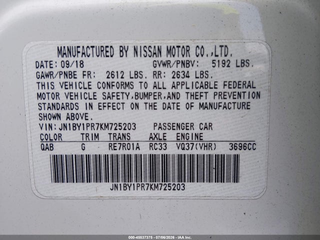 Продажа на аукционе авто 2019 Infiniti Q70l 3.7x Luxe, vin: JN1BY1PR7KM725203, номер лота: 45537375