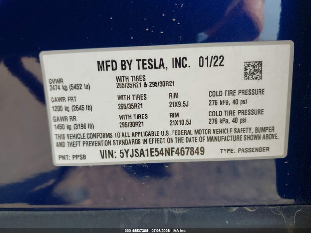 Aukcja sprzedaży 2022 Tesla Model S Dual Motor All-wheel Drive, vin: 5YJSA1E54NF467849, numer aukcji: 45537385