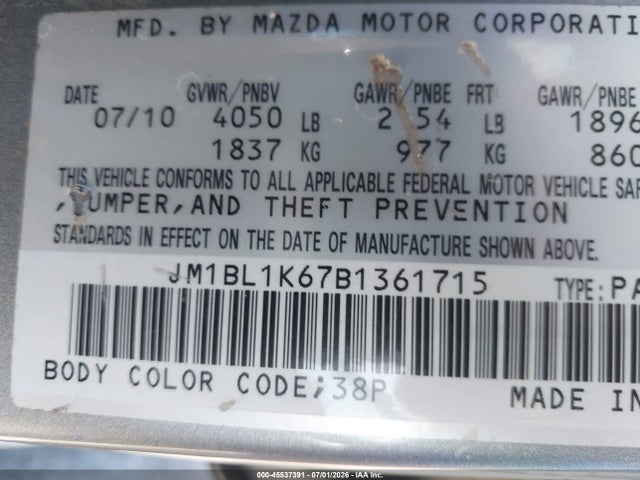 45537391 :رقم المزاد ، JM1BL1K67B1361715 vin ، 2011 Mazda Mazda3 S Sport مزاد بيع