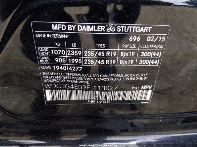 Aukcja sprzedaży 2015 Mercedes-benz Gla 250, vin: WDCTG4EB3FJ113027, numer aukcji: 45537402