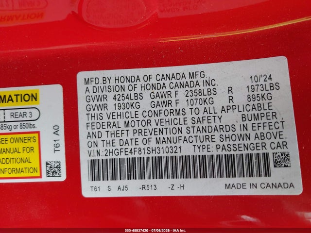 2HGFE4F81SH310321 Honda Civic Hybrid Sport/sport Touring