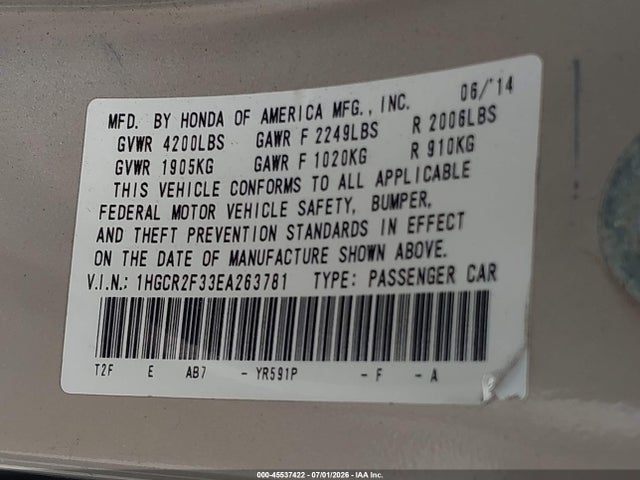Aukcja sprzedaży 2014 Honda Accord Lx, vin: 1HGCR2F33EA263781, numer aukcji: 45537422