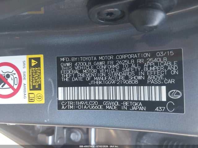 Aukcja sprzedaży 2015 Lexus Es 350, vin: JTHBK1GG9F2190808, numer aukcji: 45537438