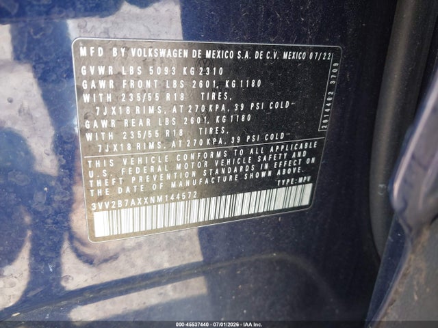 Aukcja sprzedaży 2022 Volkswagen Tiguan 2.0t Se, vin: 3VV2B7AXXNM144572, numer aukcji: 45537440