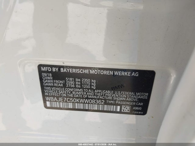 Продажа на аукционе авто 2019 Bmw 540i Xdrive, vin: WBAJE7C50KWW08362, номер лота: 45537442