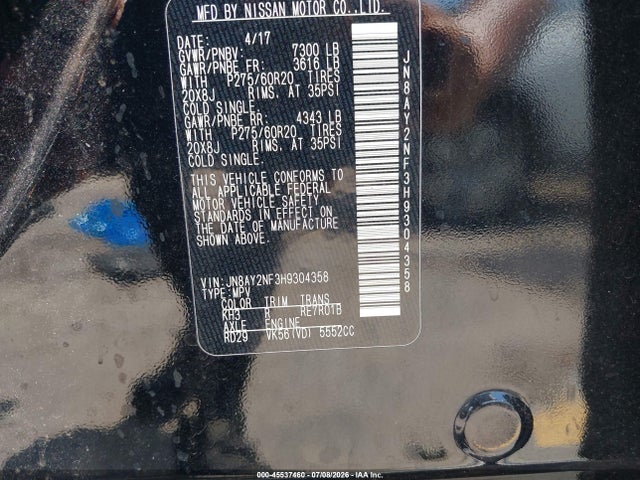 Продаж на аукціоні авто 2017 Nissan Armada Platinum, vin: JN8AY2NF3H9304358, номер лоту: 45537460
