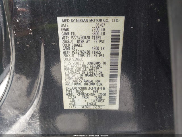 Продаж на аукціоні авто 2008 Nissan Titan Le, vin: 1N6AA07C88N304948, номер лоту: 45537488