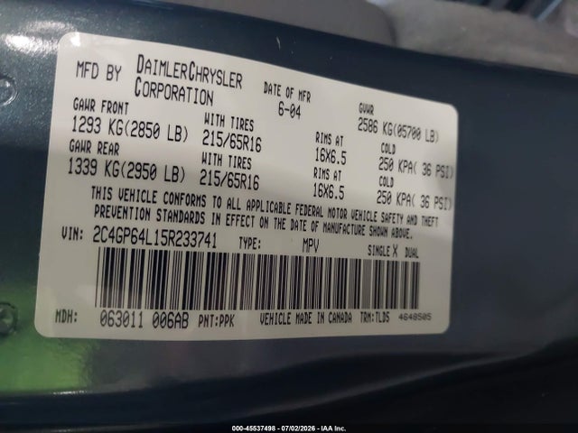 Aukcja sprzedaży 2005 Chrysler Town & Country Limited, vin: 2C4GP64L15R233741, numer aukcji: 45537498