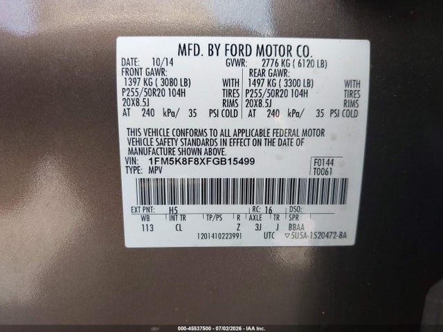 2015 Ford Explorer Limited მანქანა იყიდება აუქციონზე, vin: 1FM5K8F8XFGB15499, აუქციონის ნომერი: 45537500