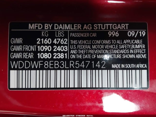 Продаж на аукціоні авто 2020 Mercedes-benz C 300 4matic, vin: WDDWF8EB3LR547142, номер лоту: 45537528