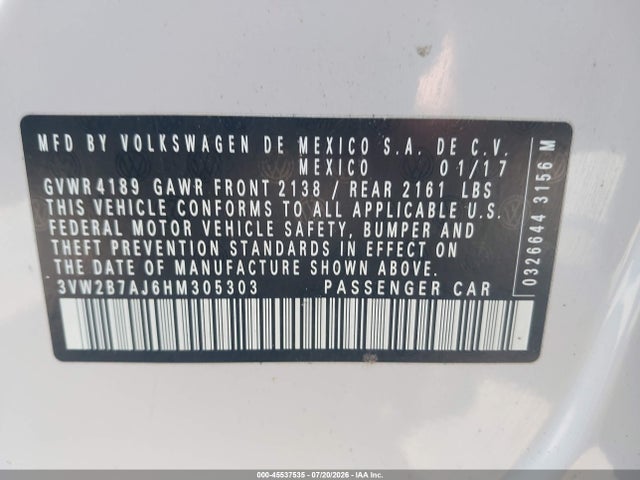 45537535 :رقم المزاد ، 3VW2B7AJ6HM305303 vin ، 2017 Volkswagen Jetta 1.4t S مزاد بيع