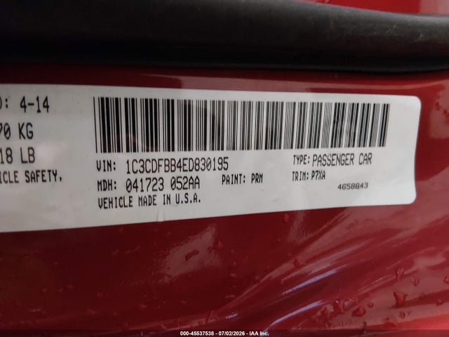 2014 Dodge Dart Sxt მანქანა იყიდება აუქციონზე, vin: 1C3CDFBB4ED830195, აუქციონის ნომერი: 45537538