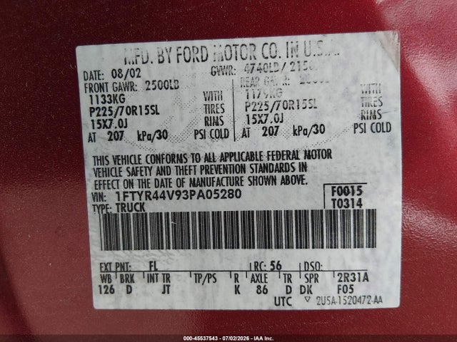 Продажа на аукционе авто 2003 Ford Ranger, vin: 1FTYR44V93PA05280, номер лота: 45537543