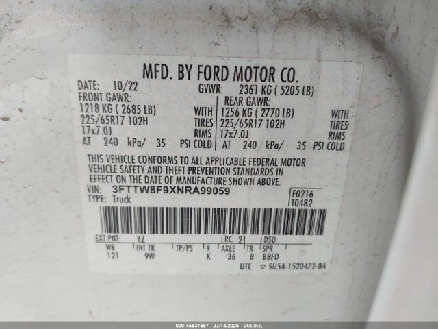 Продажа на аукционе авто 2022 Ford Maverick Lariat/xl/xlt, vin: 3FTTW8F9XNRA99059, номер лота: 45537557