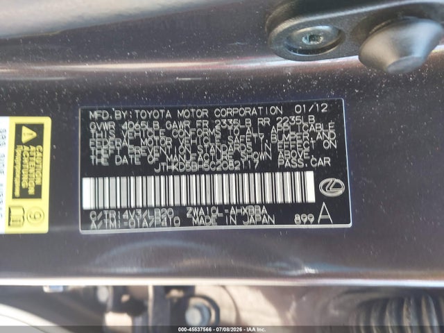 Продаж на аукціоні авто 2012 Lexus Ct 200h Premium, vin: JTHKD5BH5C2082117, номер лоту: 45537566