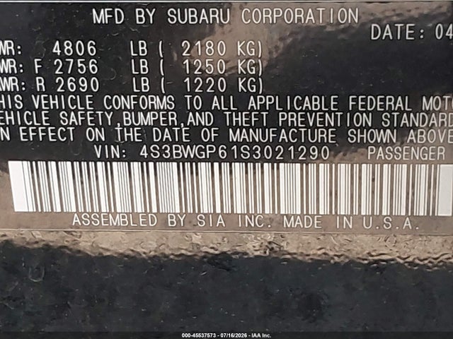 45537573 :رقم المزاد ، 4S3BWGP61S3021290 vin ، 2025 Subaru Legacy Touring Xt مزاد بيع