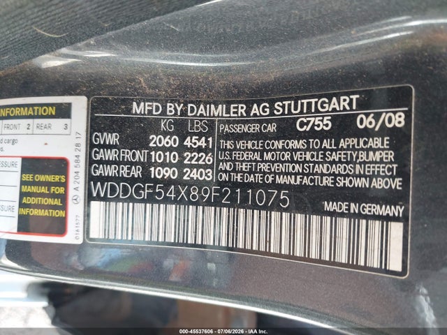 Продаж на аукціоні авто 2009 Mercedes-benz C 300 Luxury, vin: WDDGF54X89F211075, номер лоту: 45537606