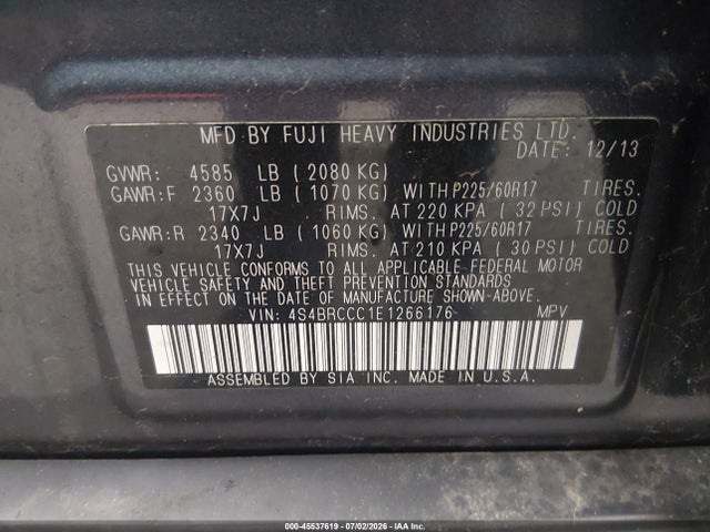 45537619 :رقم المزاد ، 4S4BRCCC1E1266176 vin ، 2014 Subaru Outback 2.5i Premium مزاد بيع