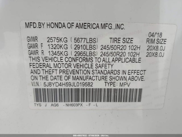 Aukcja sprzedaży 2018 Acura Mdx Technology Package   Acurawatch Plus Pkg, vin: 5J8YD4H59JL019582, numer aukcji: 45537632