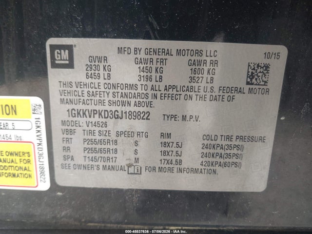 Aukcja sprzedaży 2016 Gmc Acadia Sle-2, vin: 1GKKVPKD3GJ189822, numer aukcji: 45537636