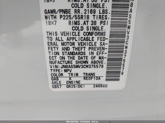 45537652 :رقم المزاد ، JN8AS5MV3CW375579 vin ، 2012 Nissan Rogue Sv W/sl Pkg مزاد بيع