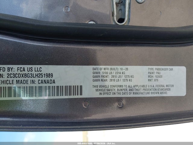 45537656 :رقم المزاد ، 2C3CDXBG3LH251989 vin ، 2020 Dodge Charger Sxt Rwd مزاد بيع