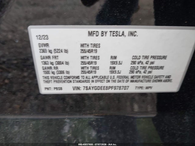 Продажа на аукционе авто 2023 Tesla Model Y Awd/long Range Dual Motor All-wheel Drive, vin: 7SAYGDEE8PF978707, номер лота: 45537658
