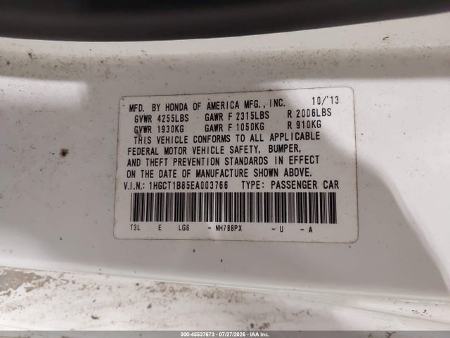 2014 Honda Accord Ex-l მანქანა იყიდება აუქციონზე, vin: 1HGCT1B85EA003766, აუქციონის ნომერი: 45537673