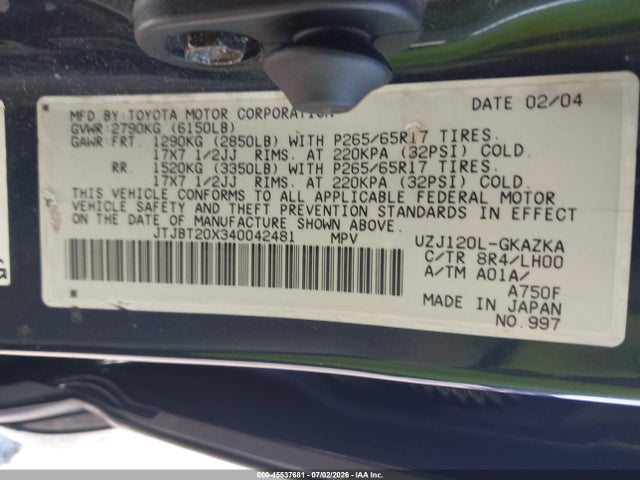 Aukcja sprzedaży 2004 Lexus Gx 470, vin: JTJBT20X340042481, numer aukcji: 45537681