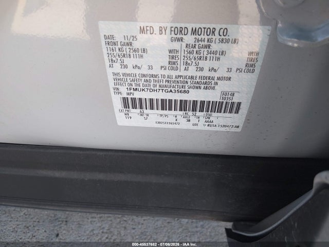 Продаж на аукціоні авто 2026 Ford Explorer Active, vin: 1FMUK7DH7TGA35680, номер лоту: 45537682