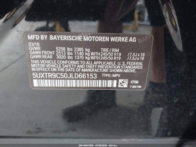 45537698 :رقم المزاد ، 5UXTR9C50JLD66153 vin ، 2018 Bmw X3 Xdrive30i مزاد بيع