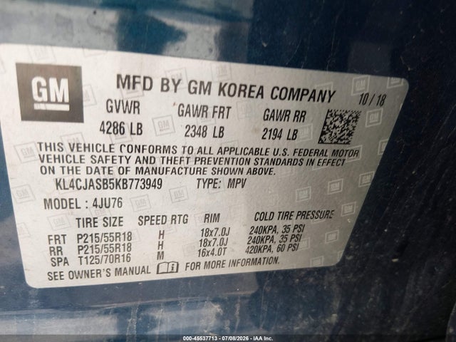 2019 Buick Encore Fwd Preferred მანქანა იყიდება აუქციონზე, vin: KL4CJASB5KB773949, აუქციონის ნომერი: 45537713