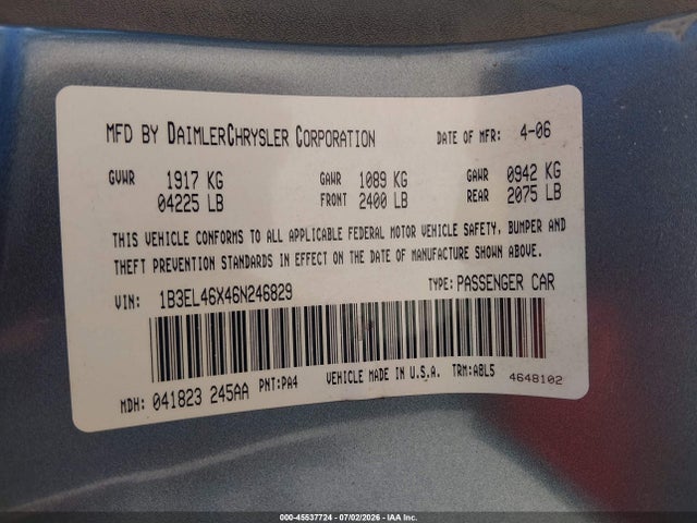 Продаж на аукціоні авто 2006 Dodge Stratus Sxt, vin: 1B3EL46X46N246829, номер лоту: 45537724
