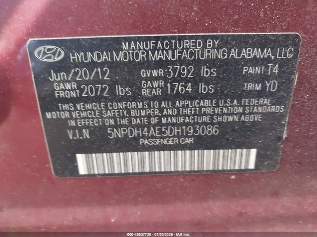 2013 Hyundai Elantra Gls მანქანა იყიდება აუქციონზე, vin: 5NPDH4AE5DH193086, აუქციონის ნომერი: 45537730