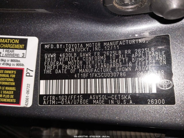 2012 Toyota Camry Se მანქანა იყიდება აუქციონზე, vin: 4T1BF1FK5CU030786, აუქციონის ნომერი: 45537745
