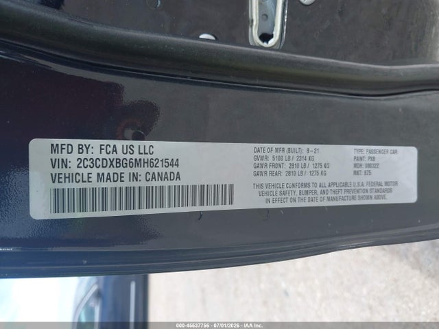 45537756 :رقم المزاد ، 2C3CDXBG6MH621544 vin ، 2021 Dodge Charger Sxt Rwd مزاد بيع