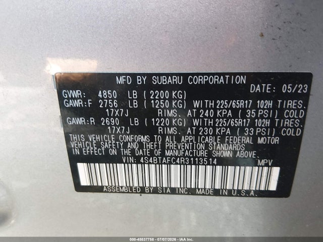 Aukcja sprzedaży 2024 Subaru Outback Premium, vin: 4S4BTAFC4R3113514, numer aukcji: 45537758