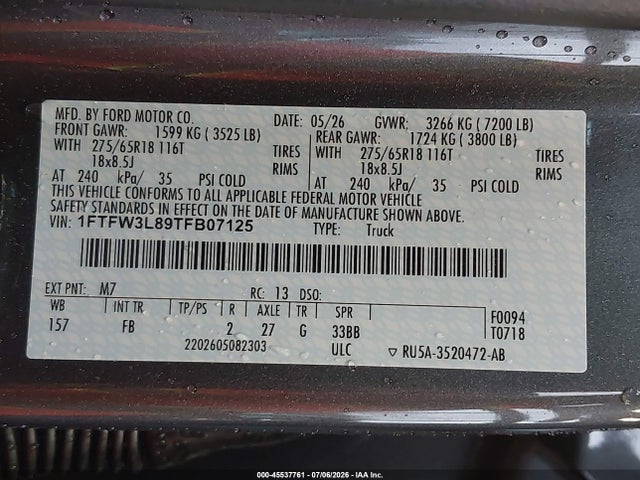 Продажа на аукционе авто 2026 Ford F-150 Xlt, vin: 1FTFW3L89TFB07125, номер лота: 45537761