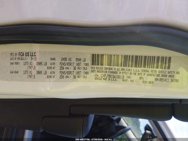 Aukcja sprzedaży 2016 Jeep Cherokee Trailhawk, vin: 1C4PJMBS1GW156119, numer aukcji: 45537766