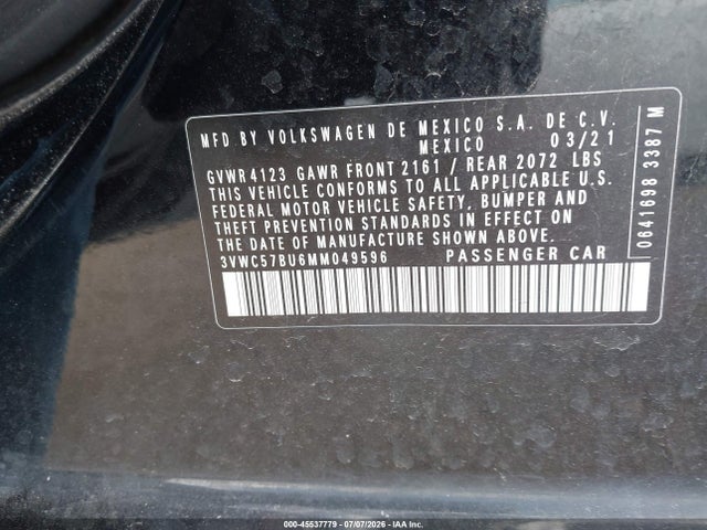 45537779 :رقم المزاد ، 3VWC57BU6MM049596 vin ، 2021 Volkswagen Jetta 1.4t R-line/1.4t Se/s مزاد بيع