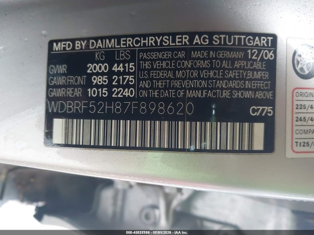 Auction sale of the 2007 Mercedes-benz C 230 Sport, vin: WDBRF52H87F898620, lot number: 45537788
