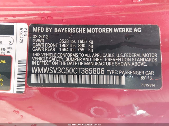 Продажа на аукционе авто 2012 Mini Cooper S, vin: WMWSV3C50CT385806, номер лота: 45537790