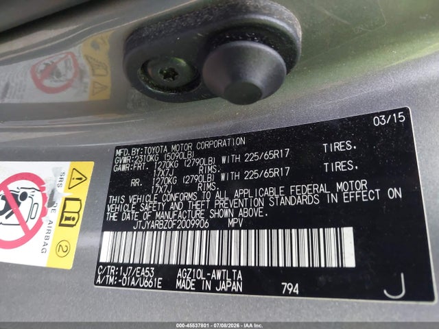 45537801 :رقم المزاد ، JTJYARBZ0F2009906 vin ، 2015 Lexus Nx 200t مزاد بيع