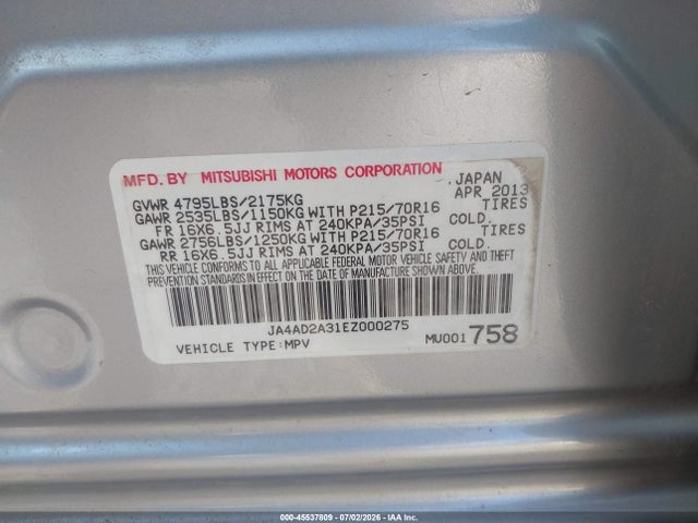 2014 Mitsubishi Outlander Es მანქანა იყიდება აუქციონზე, vin: JA4AD2A31EZ000275, აუქციონის ნომერი: 45537809