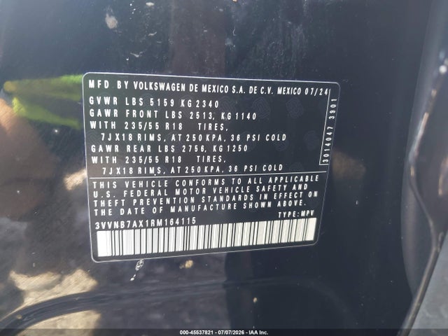 45537821 :رقم المزاد ، 3VVNB7AX1RM164115 vin ، 2024 Volkswagen Tiguan 2.0t Se/2.0t Wolfsburg Edition مزاد بيع