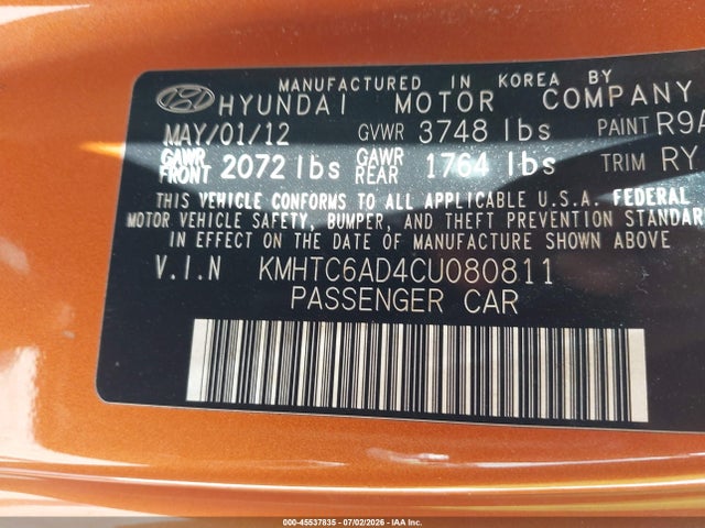 Продаж на аукціоні авто 2012 Hyundai Veloster Base W/black, vin: KMHTC6AD4CU080811, номер лоту: 45537835