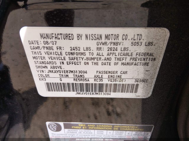 Продаж на аукціоні авто 2007 Infiniti M35 Sport, vin: JNKAY01E87M313094, номер лоту: 45537839